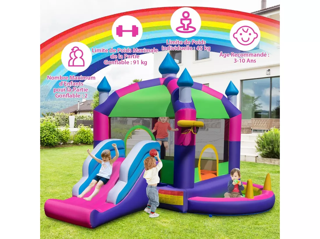 Château Gonflable 5 en 1 avec Toit & Toboggan, Aire de Jeux Gonflable avec Piscine & Panier de Basketball, Maison de Rebond, pour 2 Enfants de 3-10 Ans