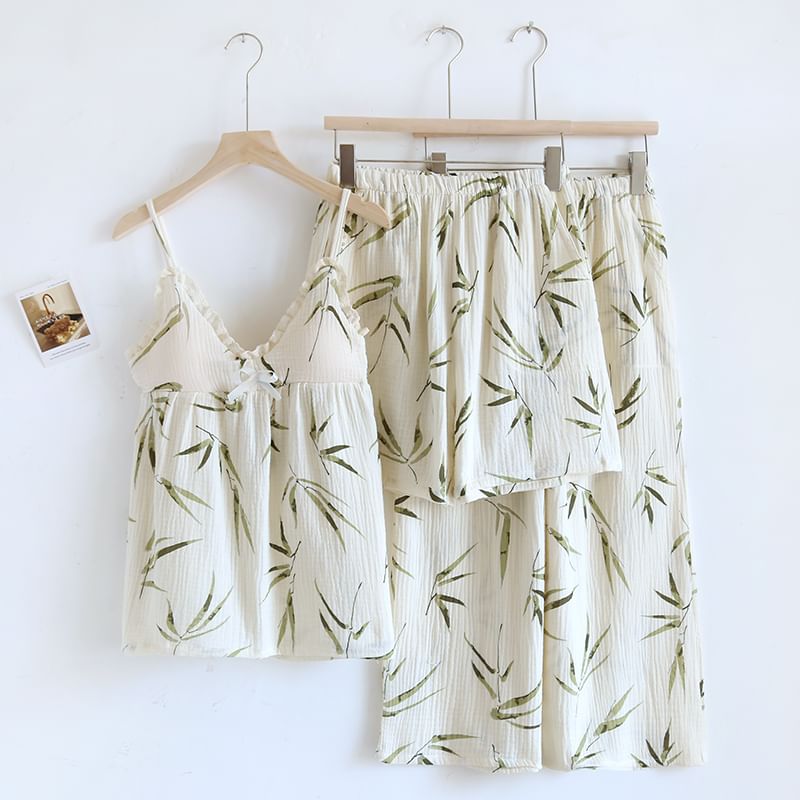 MelMount - Pyjamaset: V-hals top met bladprint en strik, gewatteerd camisole + elastische tailleband met rechte pijpen + shorts