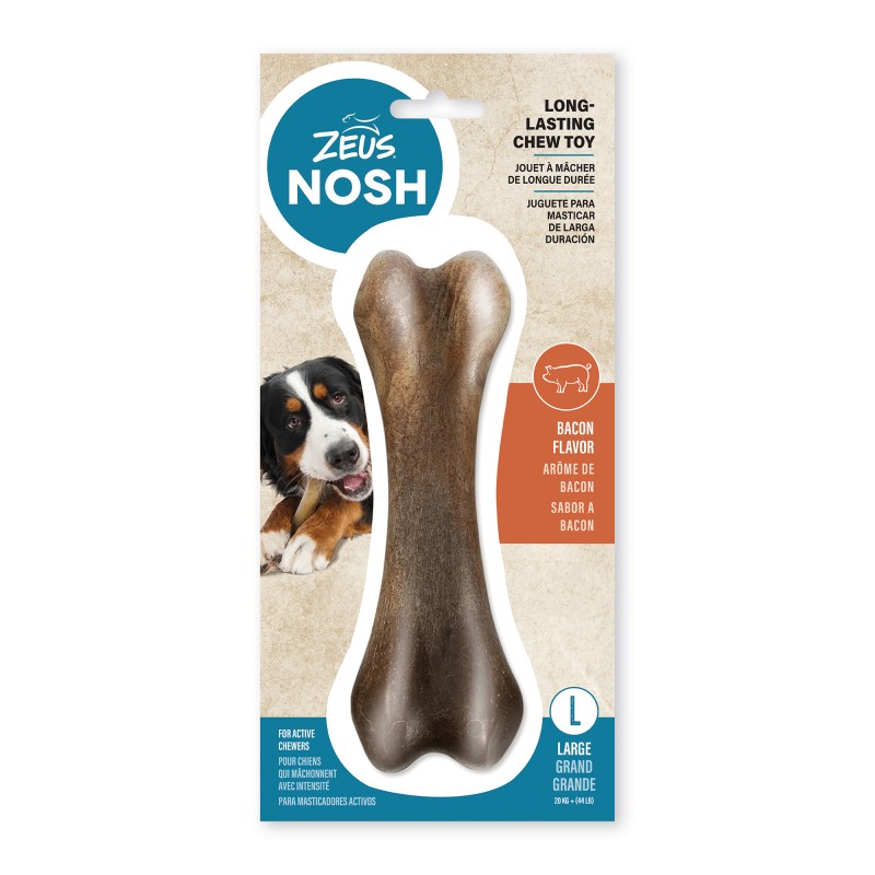 Brinquedo para mastigar Zeus Nosh Strong para cães, em formato de osso com sabor de bacon, 15 cm