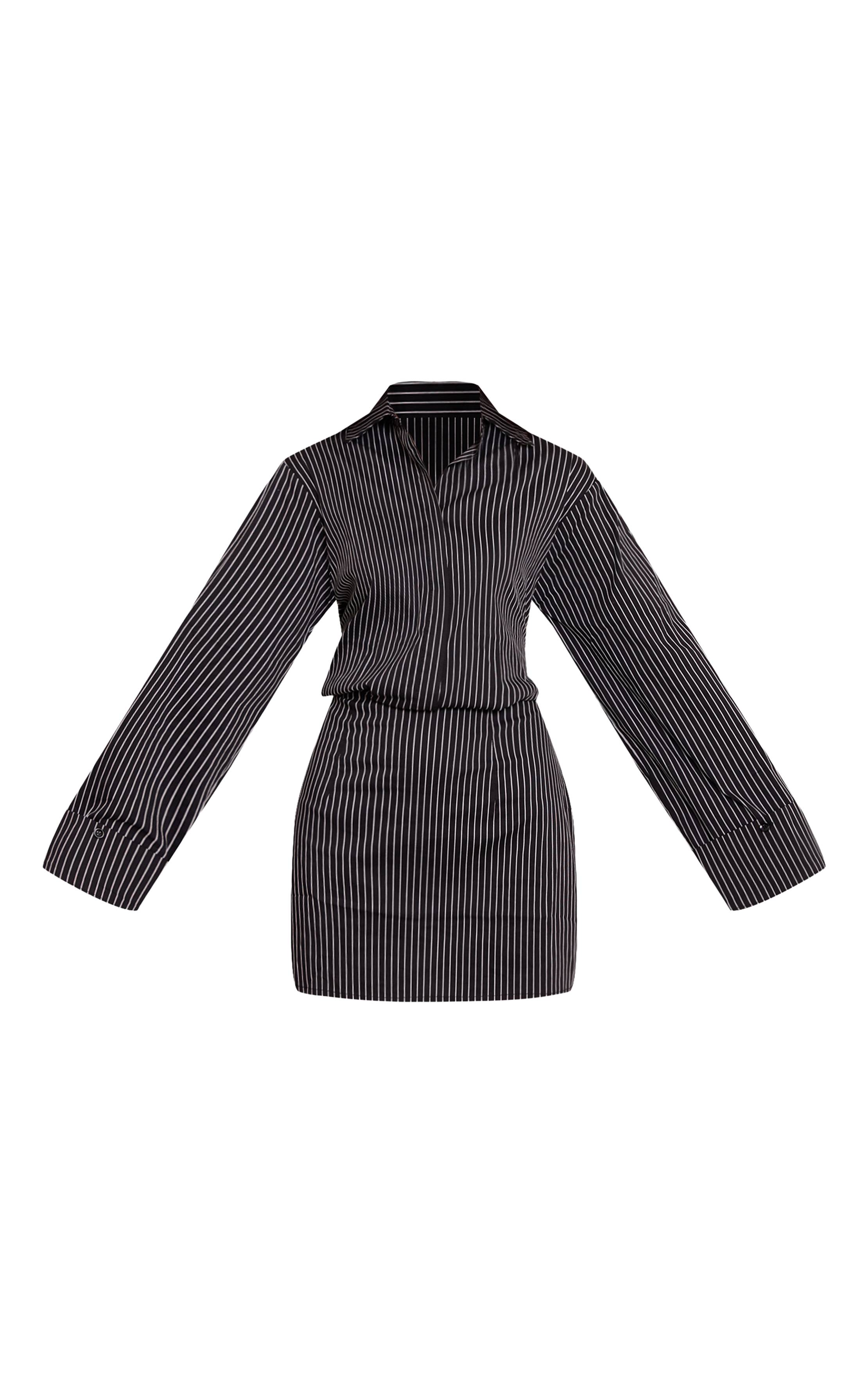Noir Robe Chemise Cintrée À Fines Rayures Boutonnée