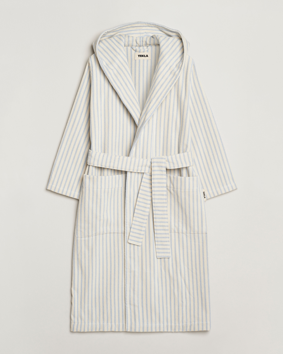 Tekla Organic Terry Hooded Bathrobe Soft Blue Stripes