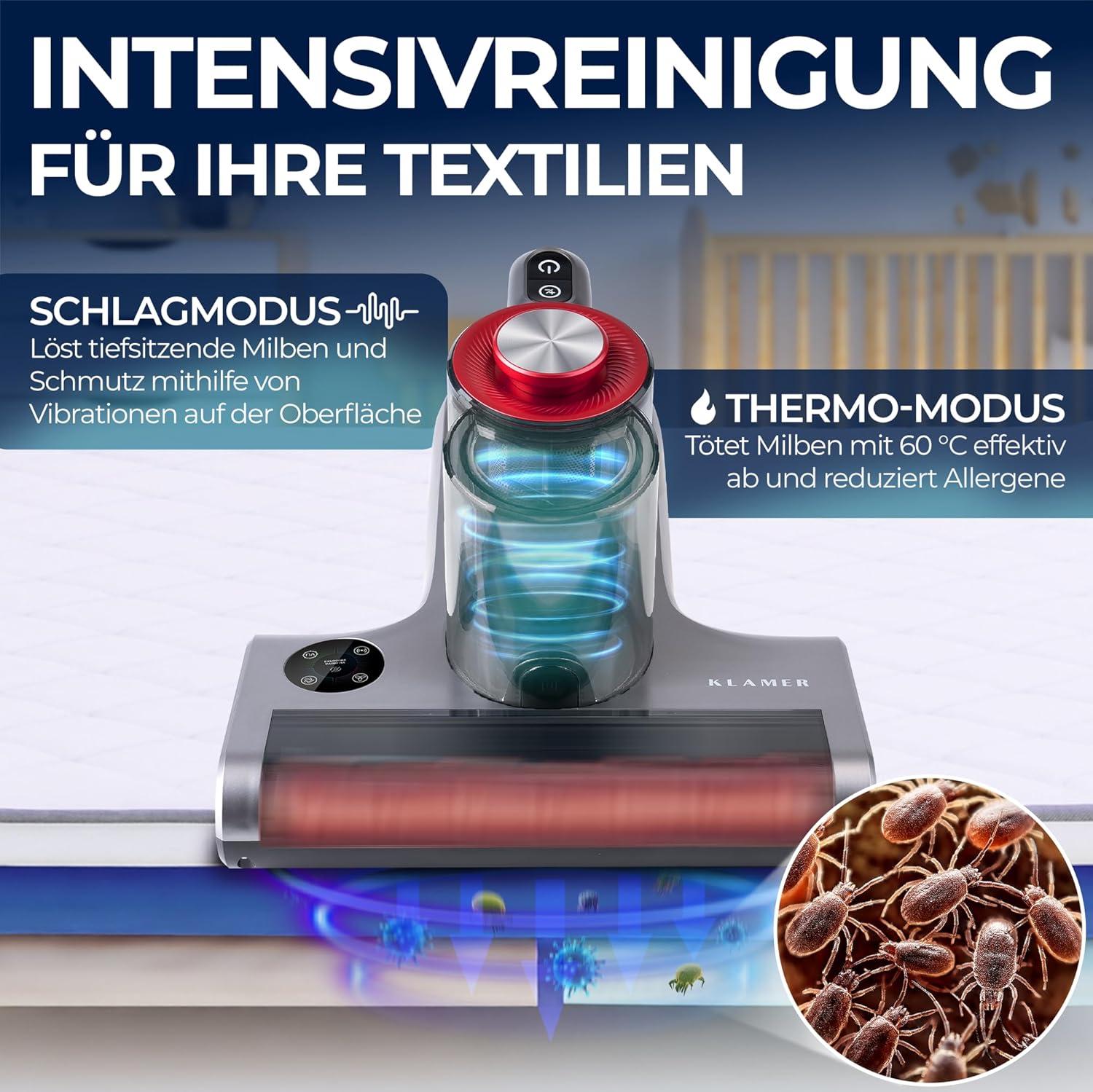 KLAMER Milbensauger 18kPa – Matratzensauger mit UV-Licht & 60°C Tiefenreinigung, Ultraschall & Schlagmodi, Anti-Verwicklungs-Bürste für Tierhaare, HEPA-Filter gegen Milben & Allergene