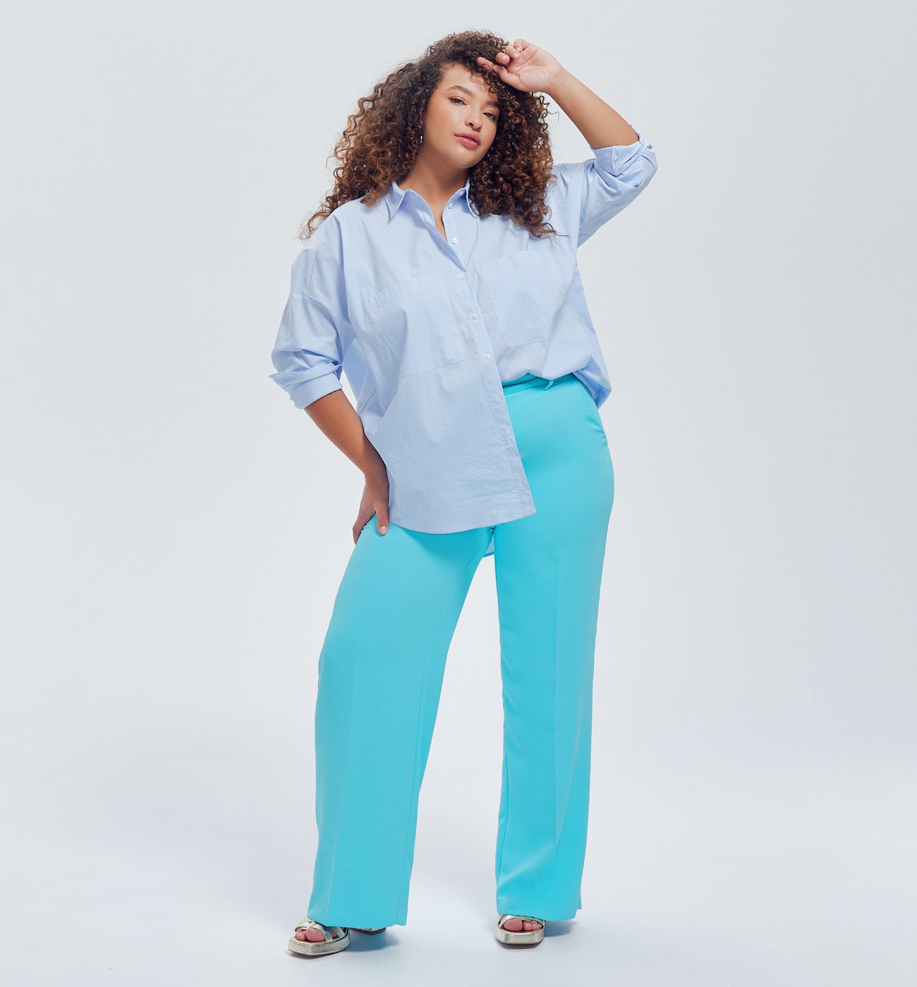 Pantalon large taille haute - Turquoise