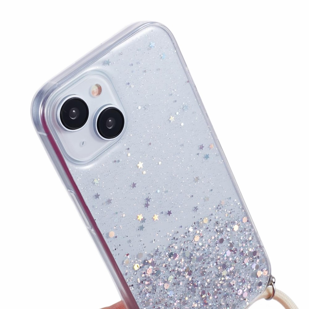 iPhone 15 Necklace Gummi Hülle im Glitzer Design   Handykette (140cm) - Weiss / Transparent
