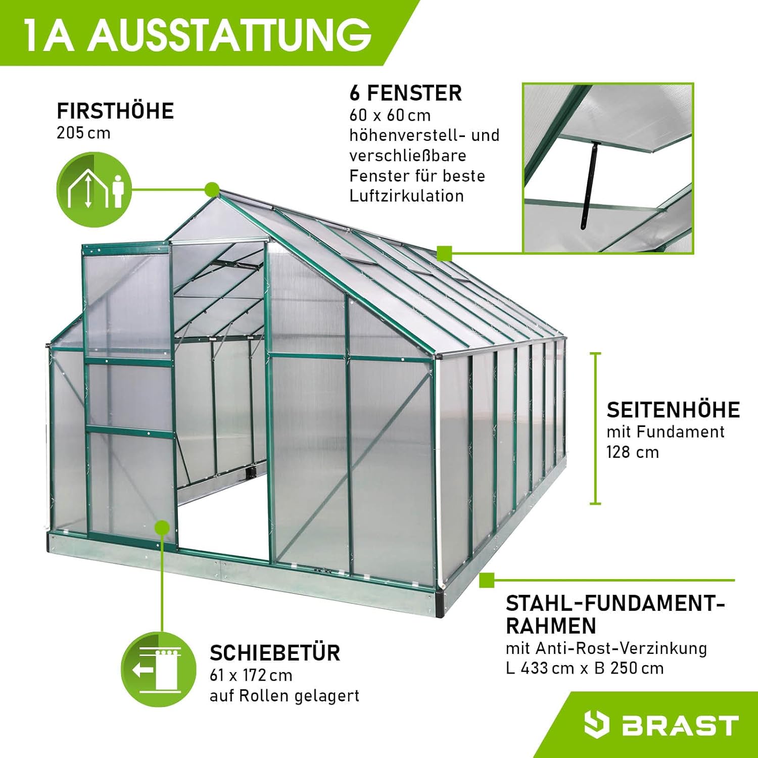 BRAST Gewächshaus Aluminium mit Fundament | 42 Modelle | 130x190x195cm - 490x250x235cm | TÜV geprüft | 6mm Hohlkammerplatten | rostfrei wetterfest temperaturbeständig | 430x250x205cm Grün