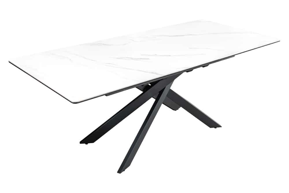 Ausziehbarer Esstisch ALPINE 160-200cm weiß Keramik Marmor schwarzes Metallgestell