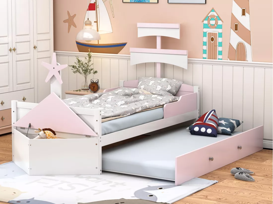 Lit enfant 90x200cm en bois - avec lit gigogne 90x190cm et une coffre - en forme de voilier - Rose