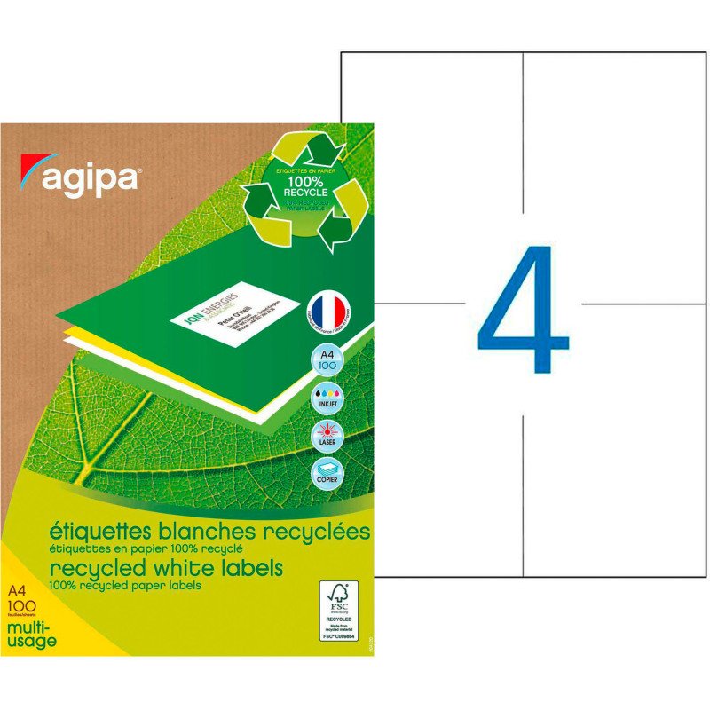 Etiquette adresse recyclée 105 x 148,5 mm Agipa 101193 blanche multi-usage - Boîte de 400