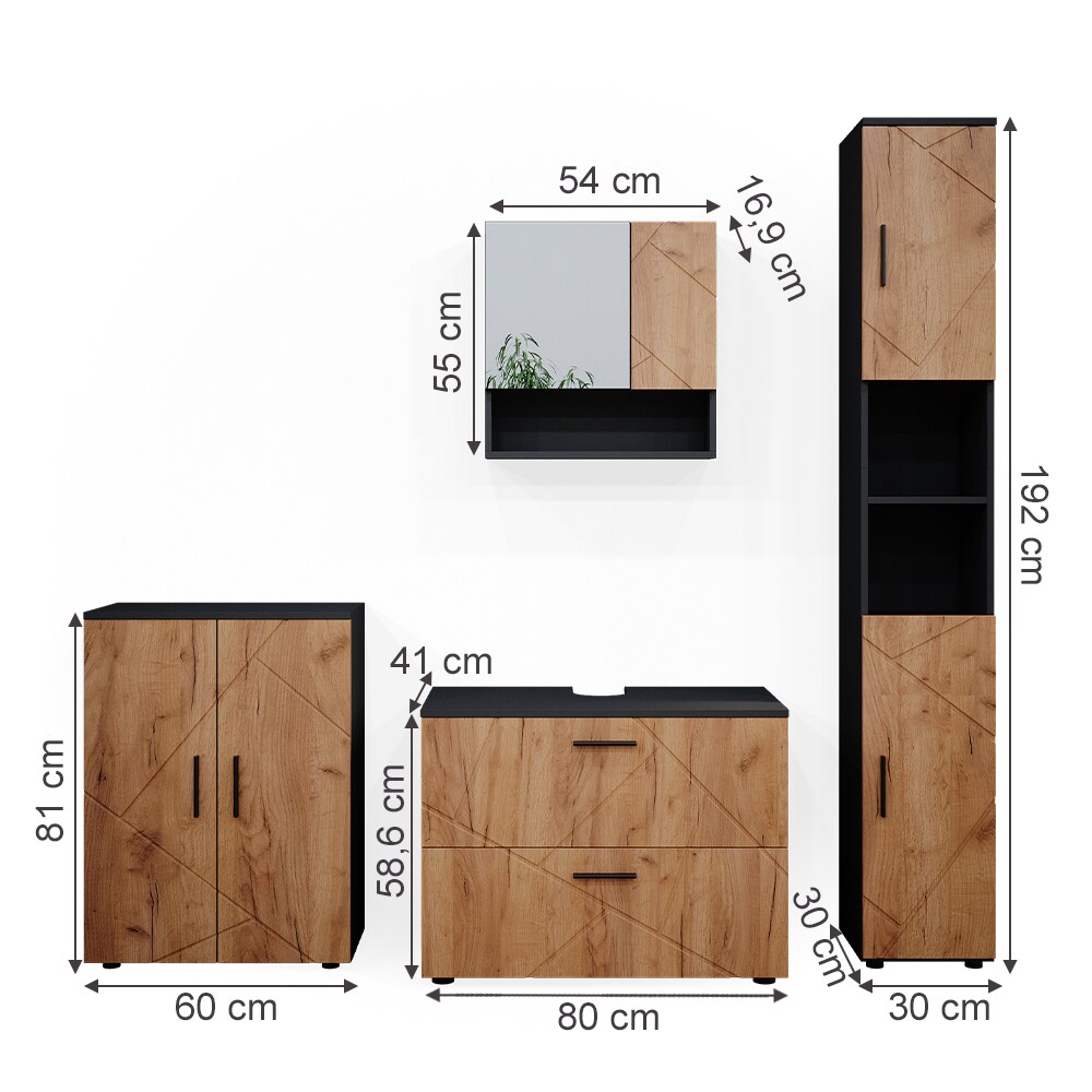 Vicco Badmöbelset Unterschrank Spiegel Badschrank Hochschrank Irma Anthrazit Eiche Badmöbel