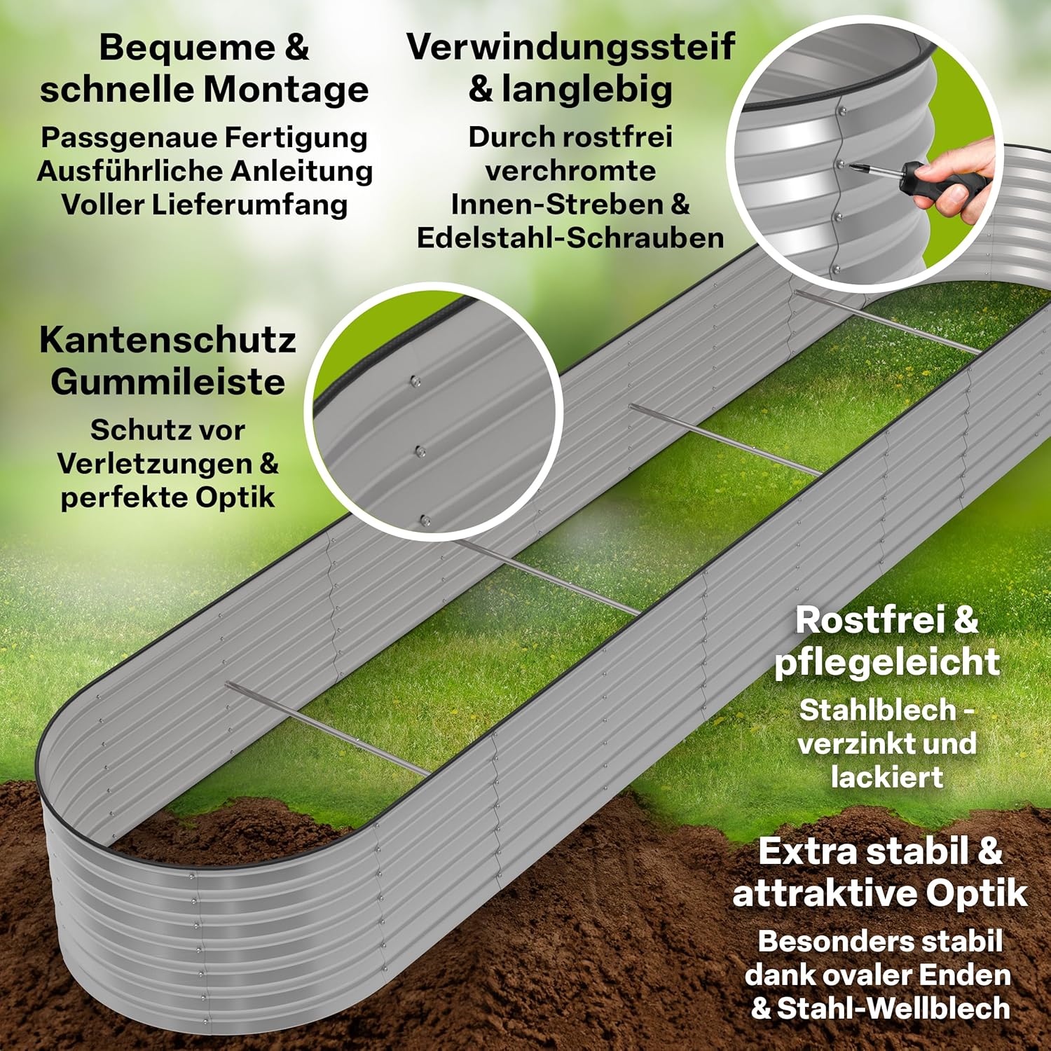 TTL GARDEN 400x80x45cm Spirit XXL Metall Hochbeet Silber - Stahl rostfrei verzinkt Wellblech ovale Form sehr groß stabil & wetterfest Garten Beet für Gemüse Kräuter Blumen Gartenbeet Gemüsebeet