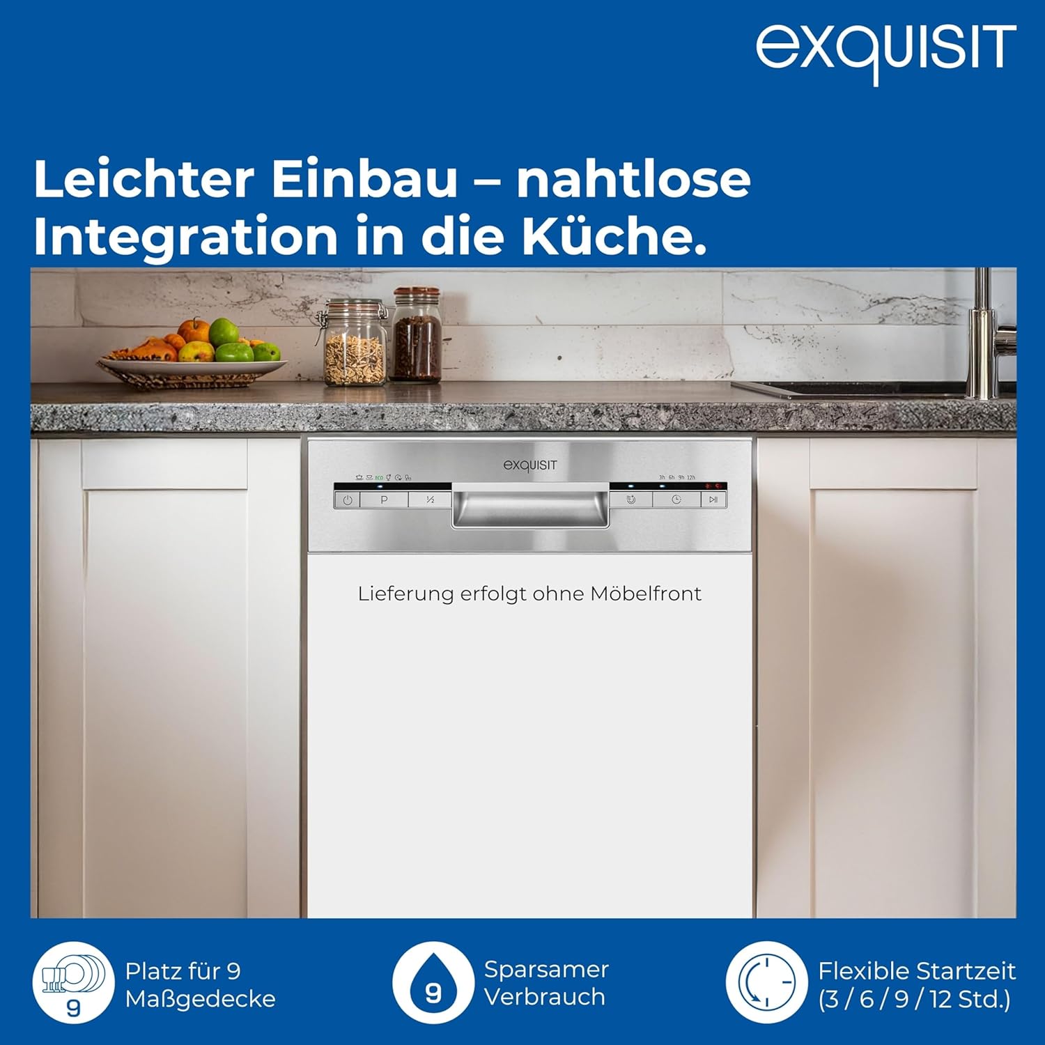 Exquisit START Einbaugeschirrspüler 45 cm, Teilintegriert, 9 Maßgedecke, 9 Liter, Startzeitvorwahl, ECO-Modus, EGSP51009-EB-030E inox