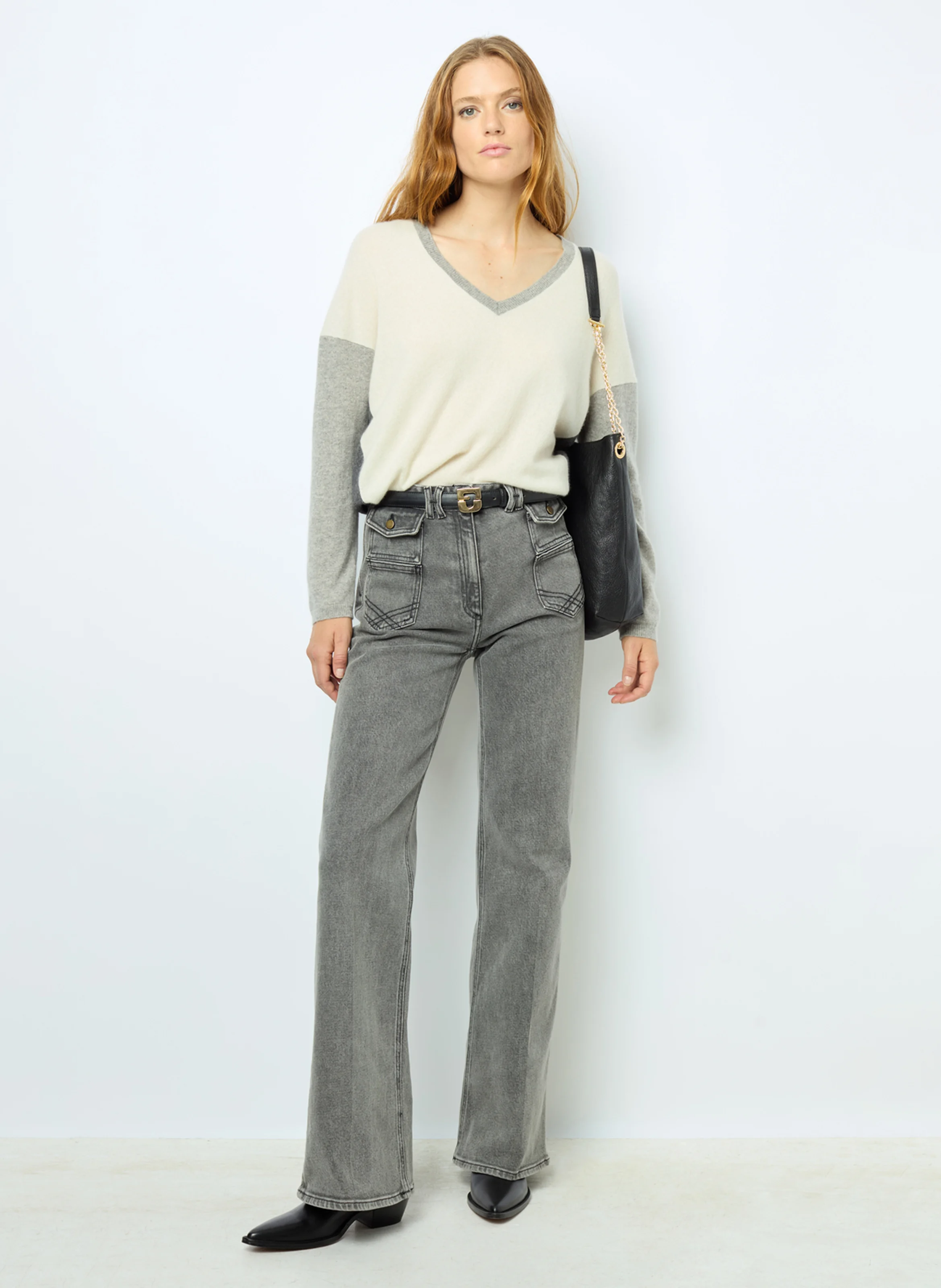 JALYA - Pull col V en cachemire | Gris