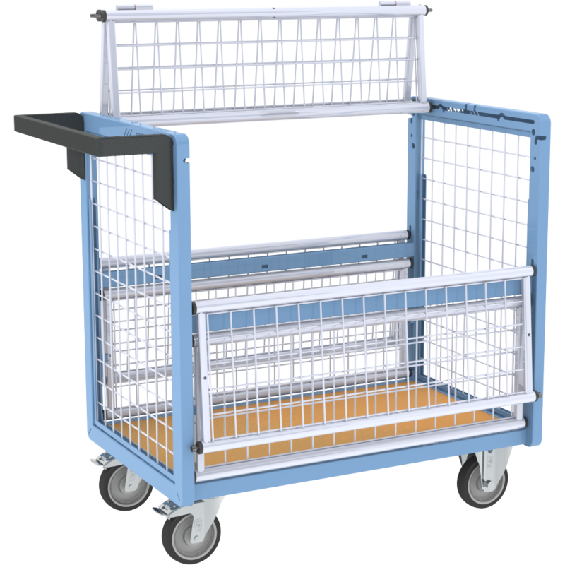 Chariot conteneur grillagé avec toit, 850 x 500 mm, 250 kg