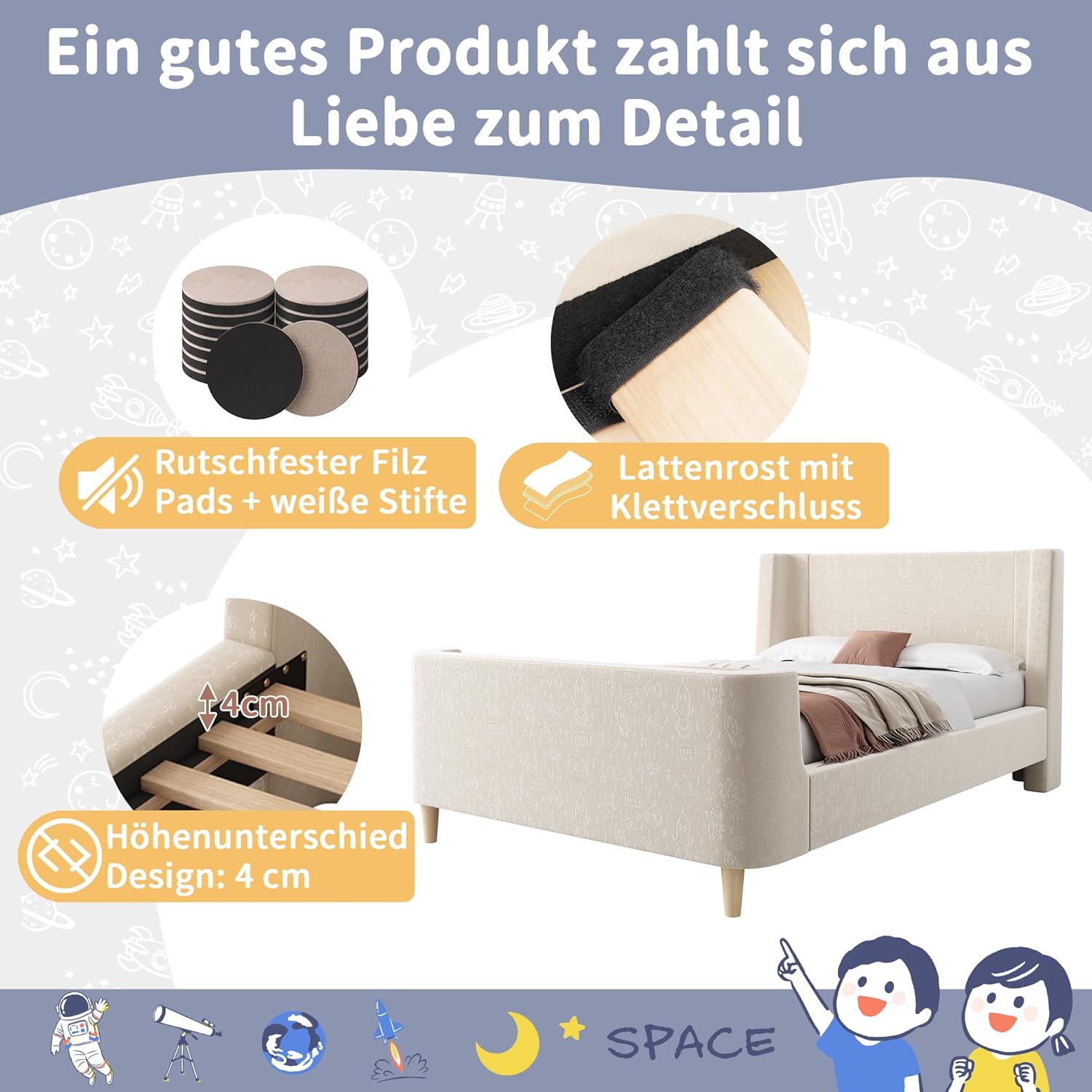 Merax Polsterbett Kinderbett 90x200 cm – Einzelbett Schlittenbett für Jungen & Mädchen, Samt Beige, Cartoon Weltraum-Muster, Stabil & Gepolstertes Kopfteil, ohne Matratze