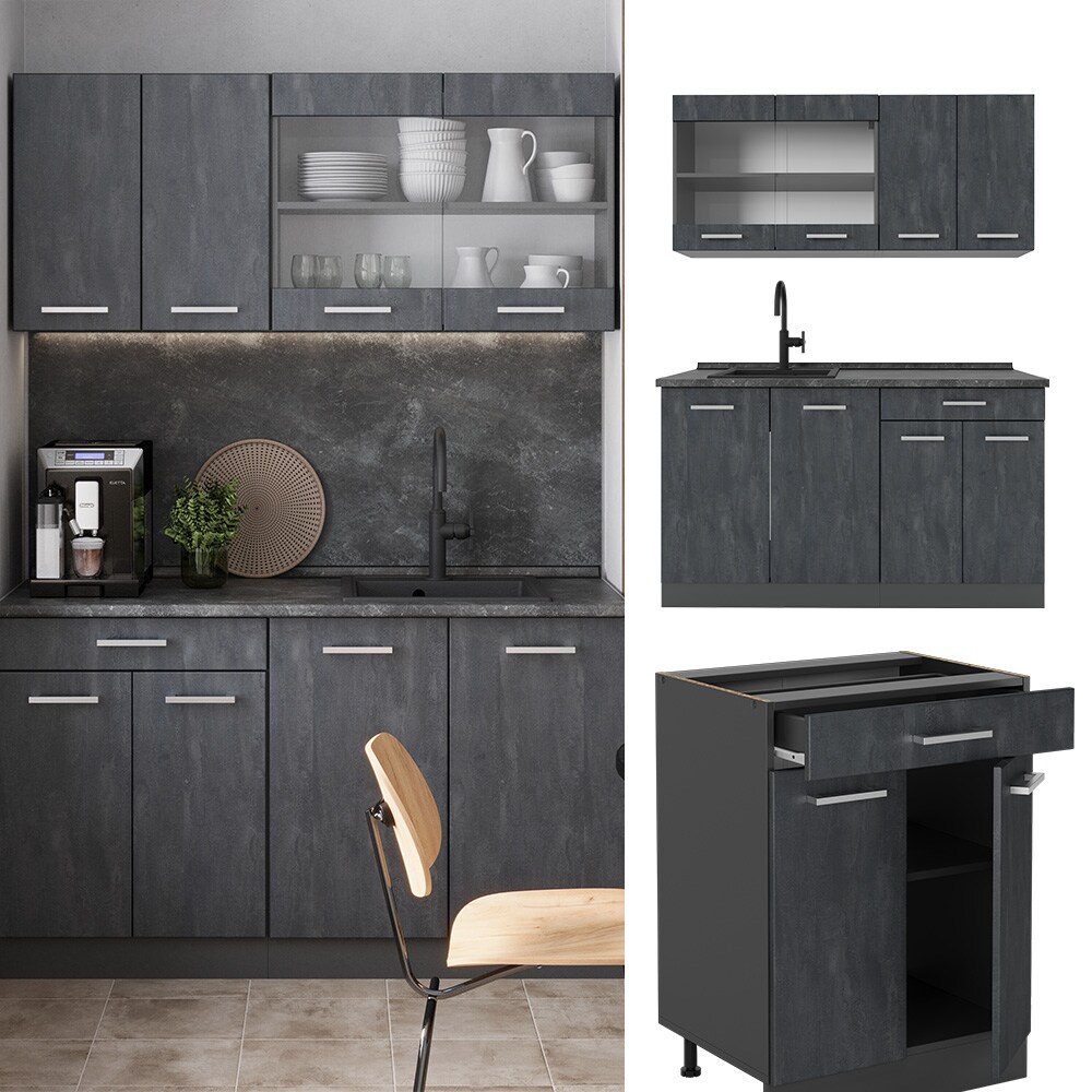 Vicco Singleküche R-Line 140 cm Schwarz Beton Anthrazit mit Arbeitsplatte Weiß-Marmor