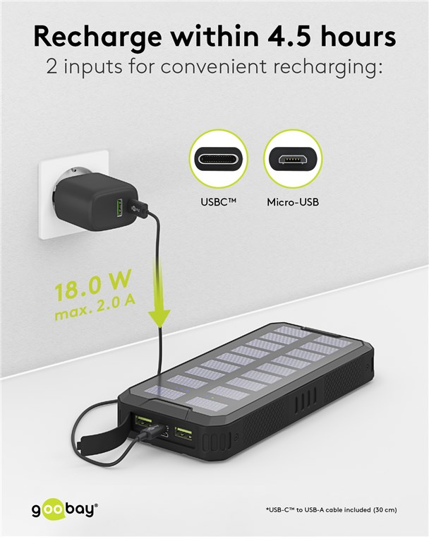 (18W) Spritzwasserfeste Outdoor Solar Powerbank 20000mAh (2A) mit LED Anzeige und Taschenlampe (53934) - Schwarz