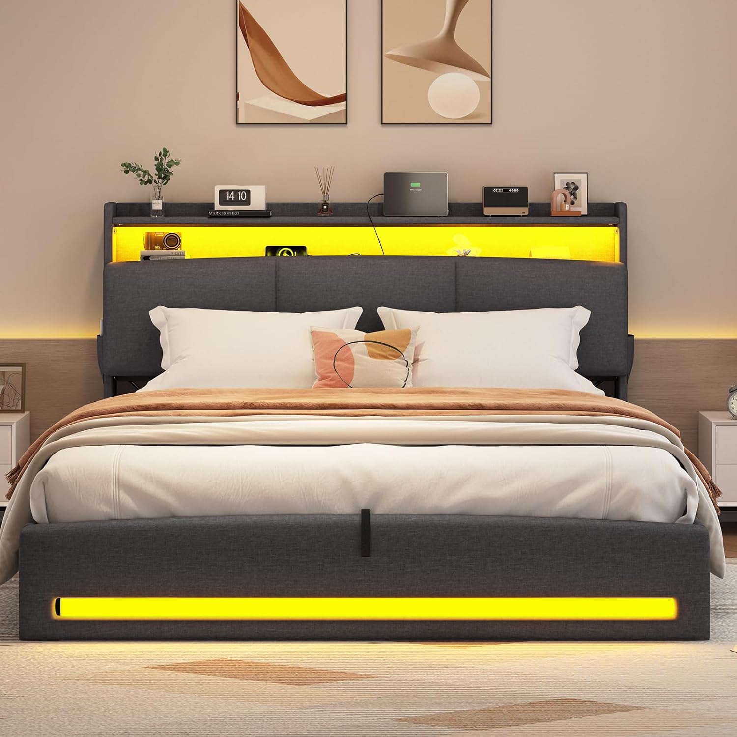 AOGLLATI Polsterbett 140×200 mit Steckdosen und LED-Beleuchtung, Doppelbett mit Stauraum Kopfteil, Bett 140×200 mit Hydraulische Stauraum und Lattenrost aus Holz, Linen, Dunkelgrau（Ohne Matratze）
