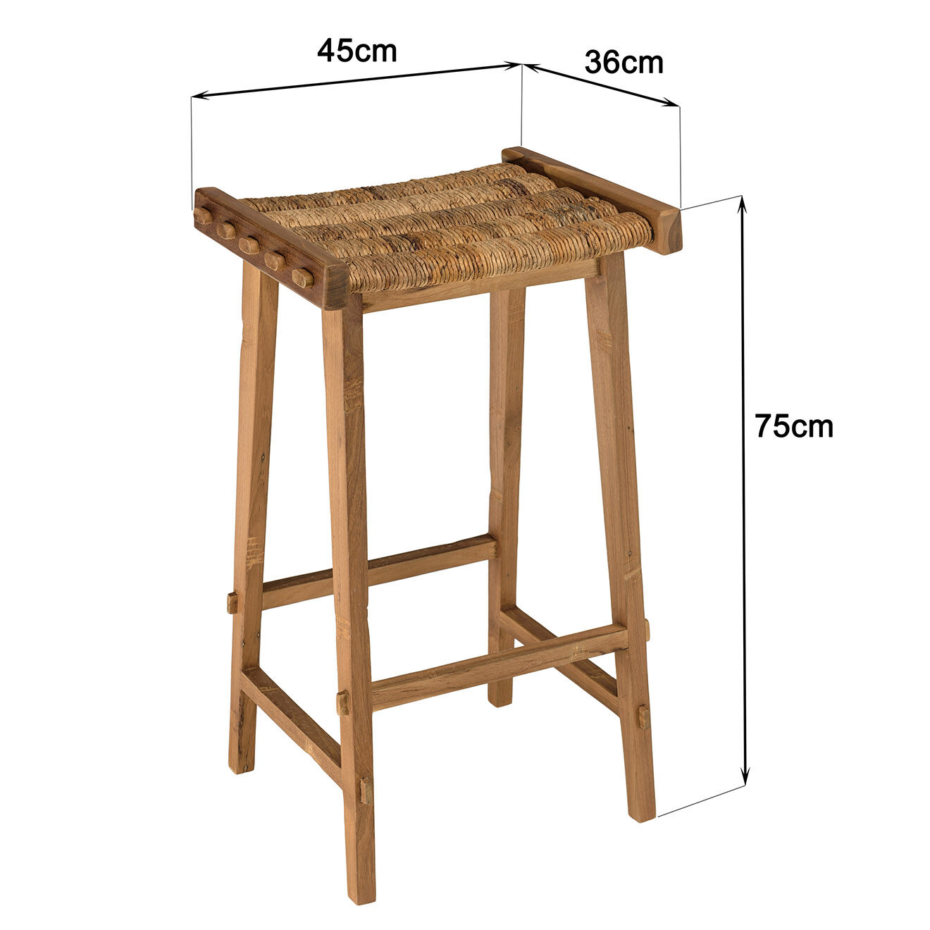 Macabane Tabouret haut assise en tissage naturel Sixtine bois - 45x36x75 cm