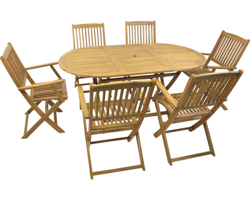 Eetset voor 6 personen, bestaande uit: 6 stoelen en een tafel, gemaakt van acaciahout