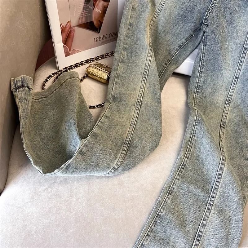 Happo - Mid Waist Washed Flared Jeans