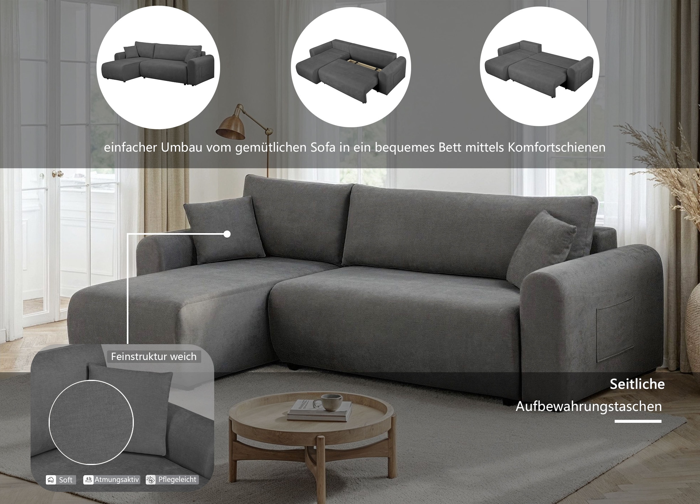 GOODproduct Ecksofa »JONAA, 241cm, L-Form, Schlafsofa, Boxspringfederung, Cord u. Struktur« 133/200cm, Recamiere links/rechts, Bettkasten, Cord u. Struktur