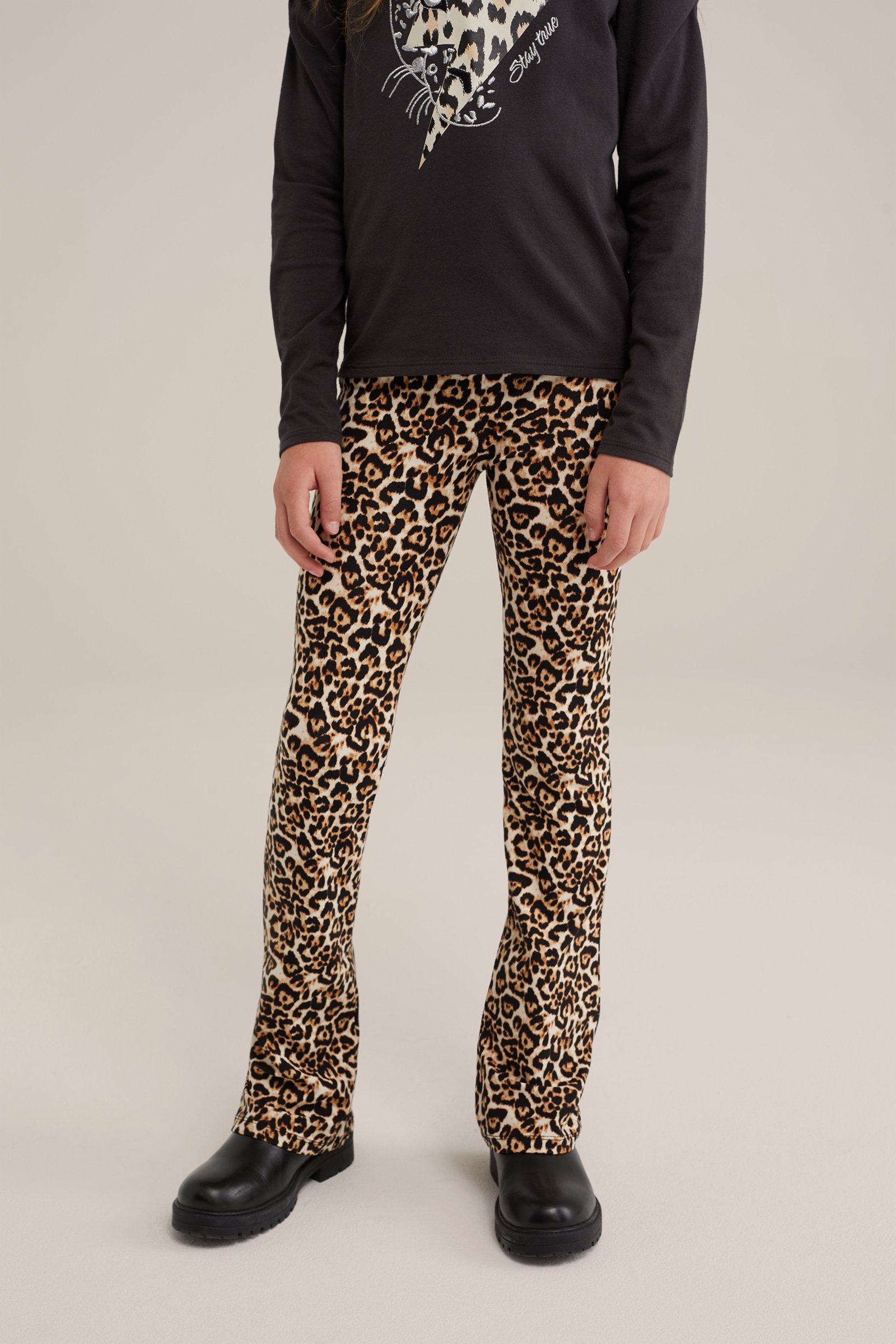 Meisjes flared legging met dessin WE Fashion Donkerbruin