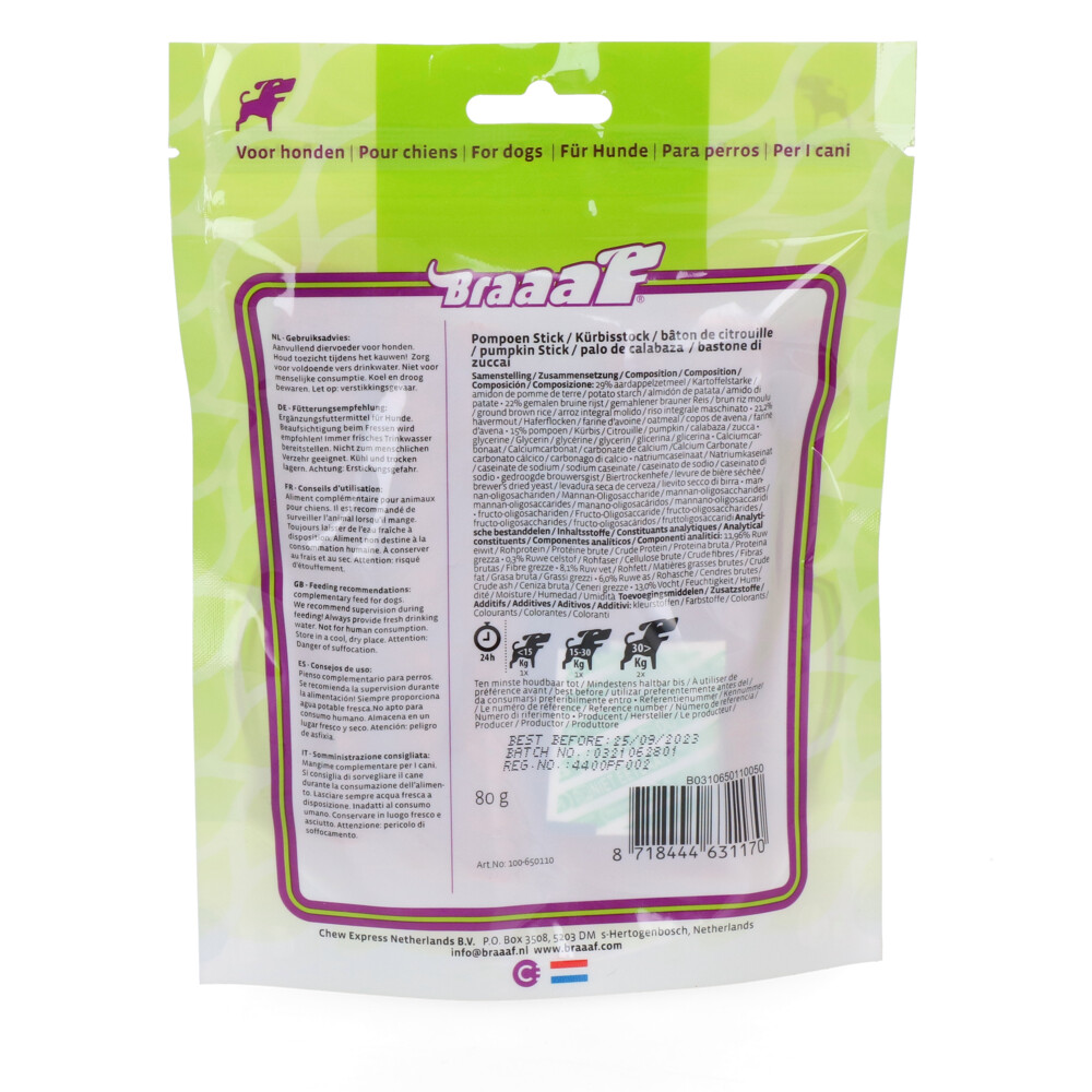 6x Braaaf Pompoen Sticks 12 cm80 gr