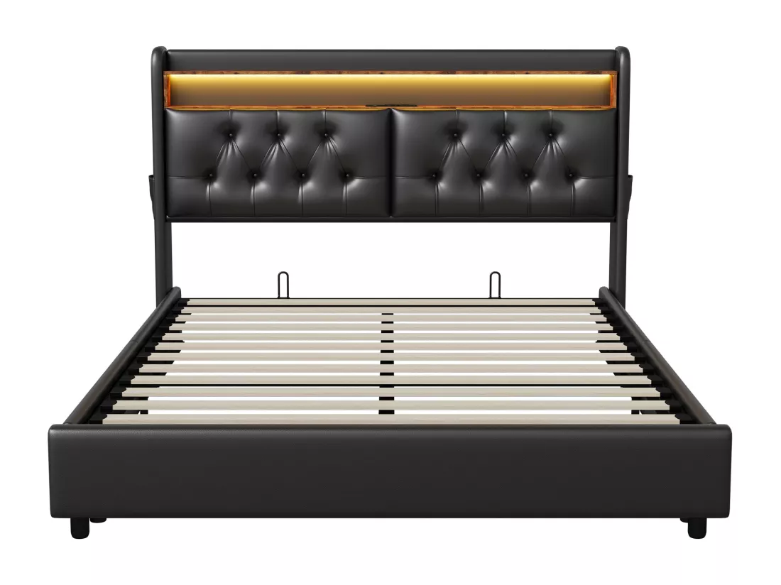 Lit coffre 180x200cm - lit double avec sommier à lattes et tête de lit LED avec étagères et port charge - cuir noir