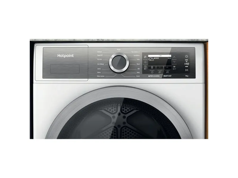 Hotpoint H8 D94WB EU, Fritstående, Front-læsning, Varmepumpe, Hvid, Dreje, Berøring, Højre