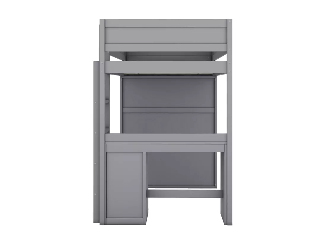 Lit mezzanine 90x200cm, lit enfant polyvalent, équipé d'armoire, bureau et tiroirs, échelle, sommier à lattes, pin, gris