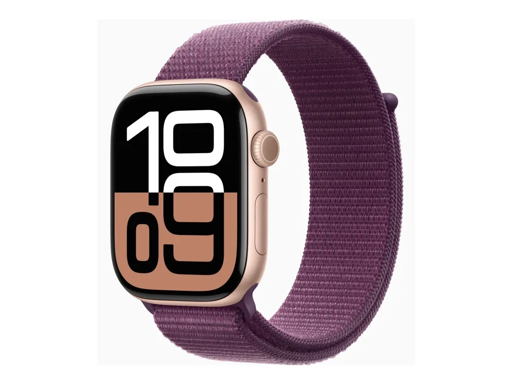 Apple Watch Series 10 (GPS) - 46 mm - roseguldaluminium - smart ur med sportsløkke - blød dobbeltlagsnylon - blomme - håndledsstørrelse: 130-200 mm - 64 GB - Wi-Fi 4, UWB, Bluetooth - 36.4 g
