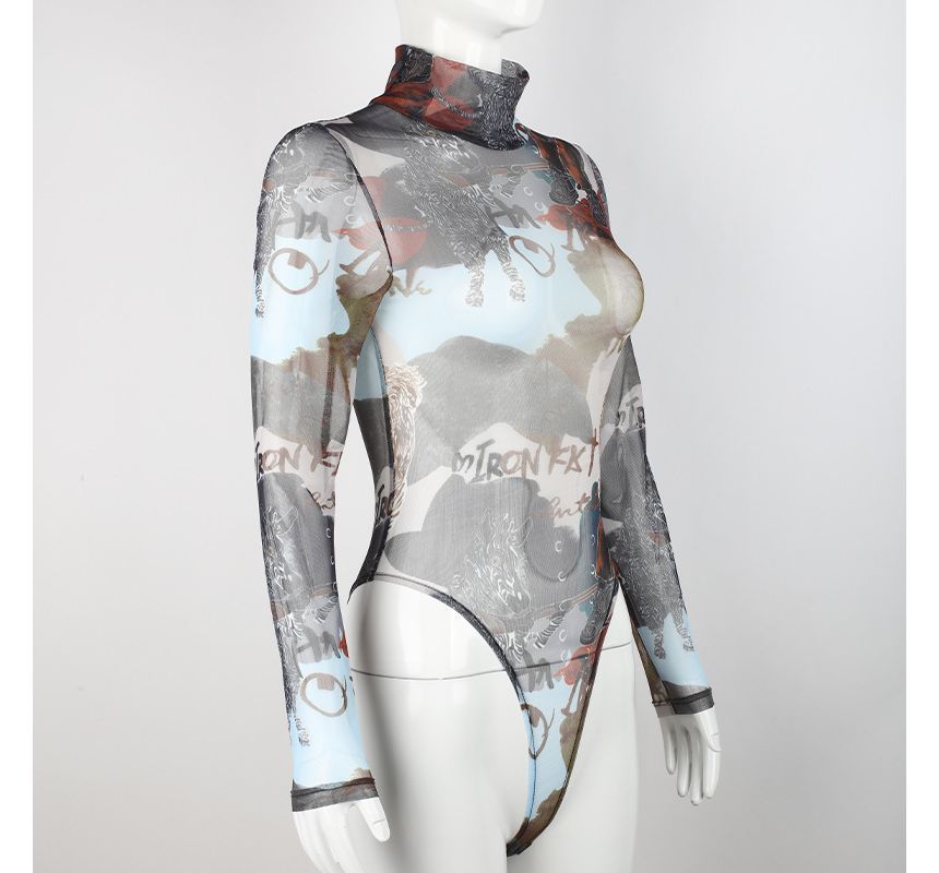 Bulgaris - Bodytop met lange mouwen en grafische print en doorschijnende hals