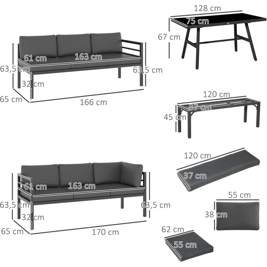 Outsunny Gartenmöbel-Set mit Kissen und Bank grau