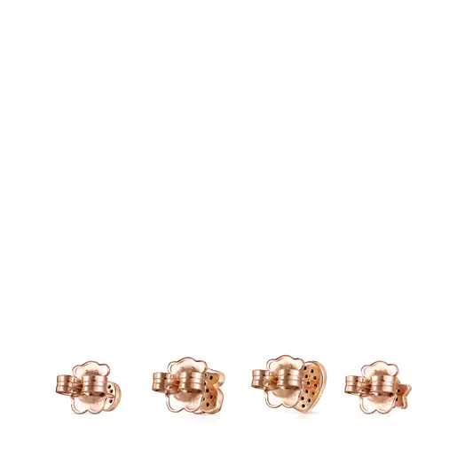 Conjunto de brincos com banho de ouro rosa 18k sobre prata e espinélios, com motivos de 0,45 a 0,85 cm.