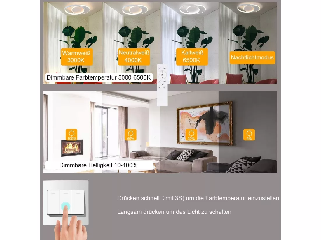NETTLIFE Plafonnier LED Dimmable Télécommande Blanc Plafonnier 35W Moderne Plat Rond 41CM