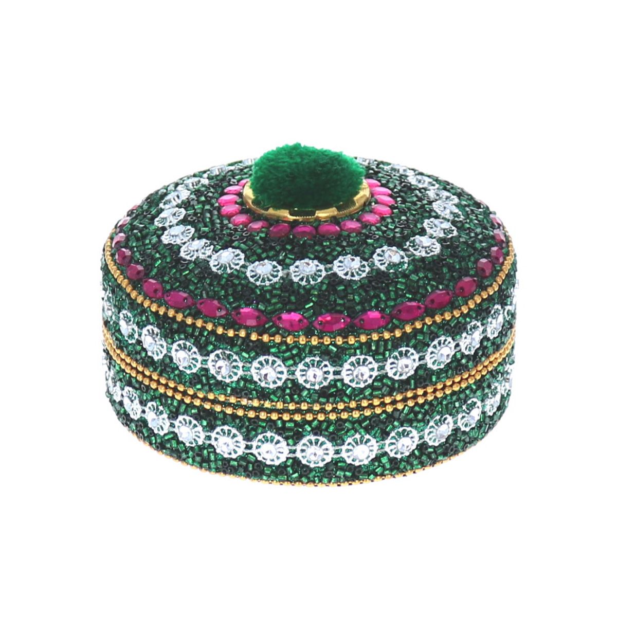 Grande boîte indienne ronde pompon vert Pondie Chérie