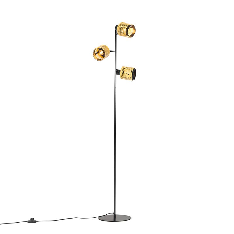 Industriële vloerlamp zwart met goud 3-lichts - Kayden
