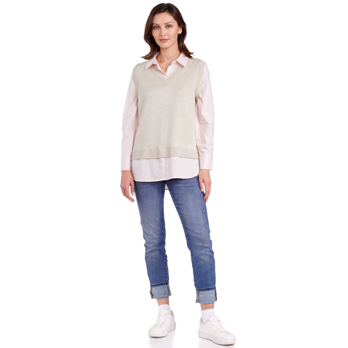 Gina Benotti Damen Strickpullunder im Layer-Look creme