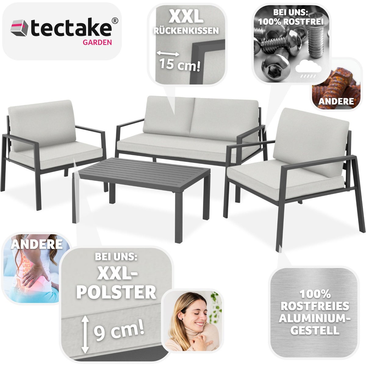 tectake Göteborg zitgroep met aluminium frame, voor 4 personen, tafel met lattenbodem