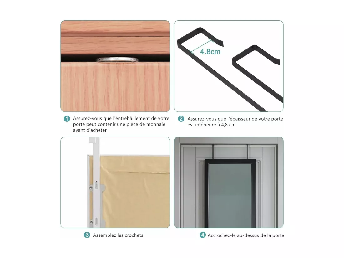 Miroir Porte Mural Suspendu 110x33cm,Miroir Pleine Longueur en Verre Trempé avec 2 Crochets de Suspension pour Porte,Hauteur Réglable - Noir