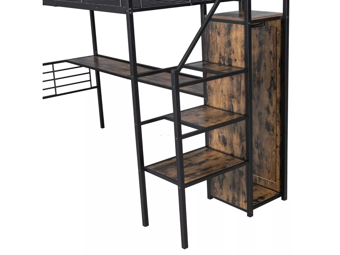 Lit mezzanine 90x200cm en métal - avec bureau、armoire et échelle de rangement - Noir