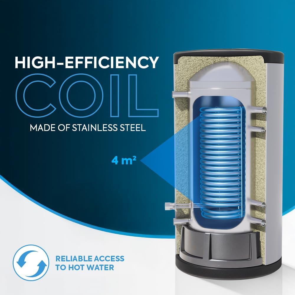 TECHGLOBE - Brauchwasserspeicher mit 1 Wärmetauscher (4 m²) - Komplett aus Edelstahl - Energieeffizient Warmwasserspeicher- mit 50mm Isolierung (500 L)