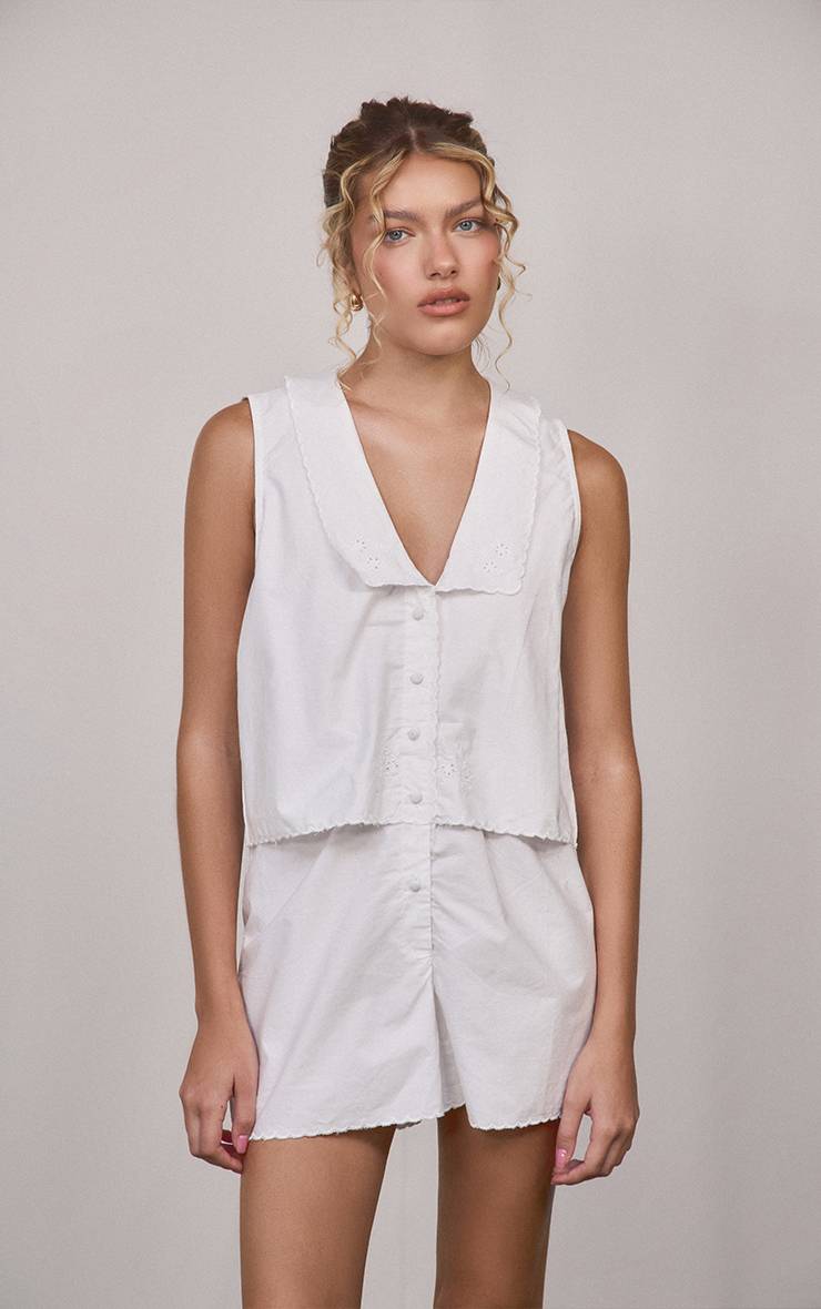 Blanc Combi-short À Col Détaillé Effet Lin