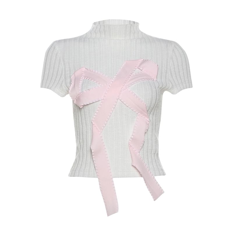 Sugarcoat - T-shirt met korte mouwen en geribbelde hals en strikapplicatie