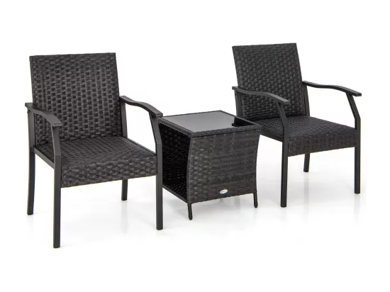 Ensemble de Meubles 3 Pcs de Patio en Rotin et fibre naturelle Tissé Charge 150KG, Salon de Jardin 2 Fauteuils avec Siège Rembourré Table Basse Plateau en Verre Trempé, pour Jardin Balcon