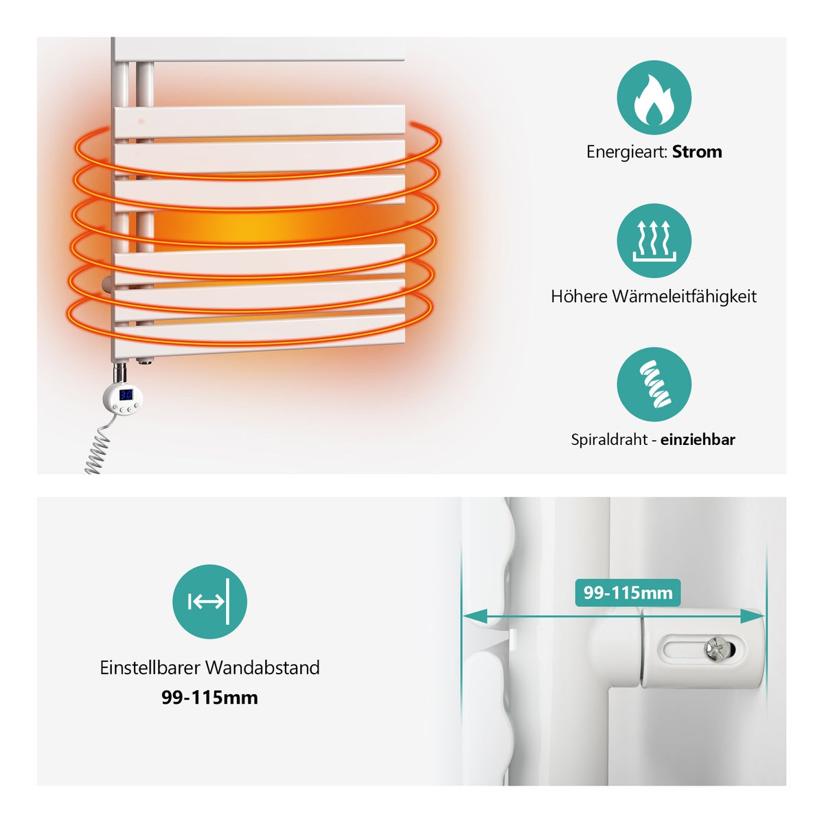 EMKE Elektrische Design Paneelradiator met Thermostaat en Timer voor Handdoekradiator, Zijdelings Open, Verticaal, 400 Watt, 60 cm x 76 cm, Wit