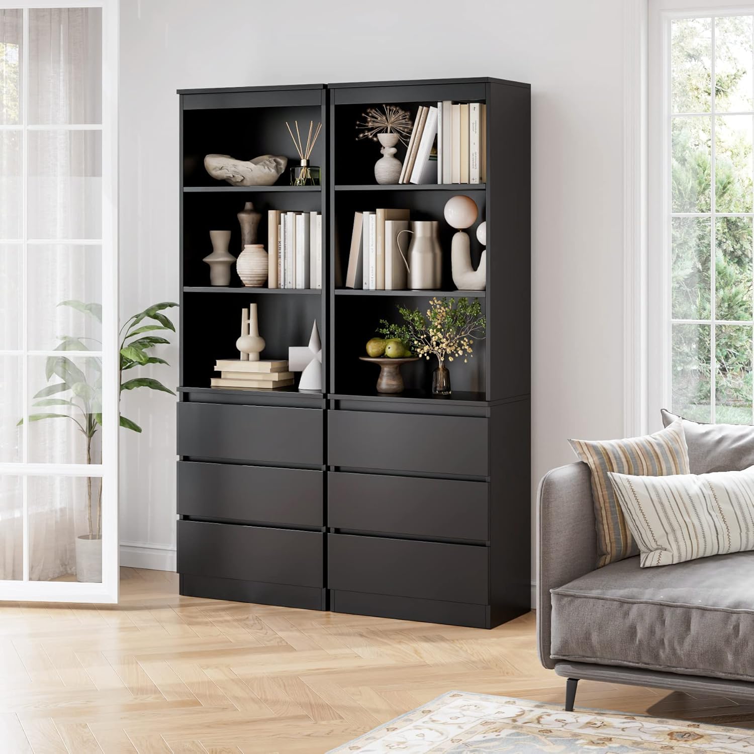 FirFurd Bücherregal mit 3 Schubladen 3 Fächern 180 cm Hochschrank Bücherschrank Vitrinenschrank Mehrzweckschrank für Wohnzimmer Büro Küche 60 x 35 x 180 cm Schwarz