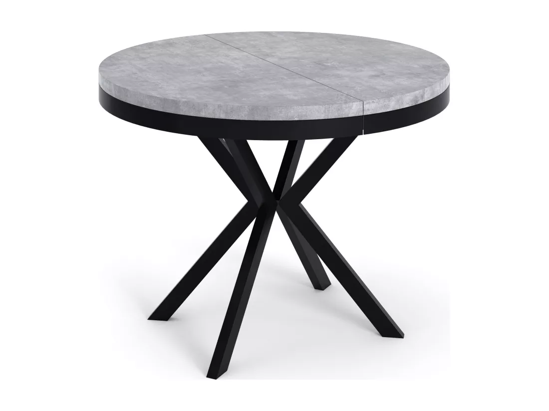 Table à Manger Extensible Ronde - Table Style Loft Avec Pieds En Métal - 100 à 180 Cm - Table Ronde Style Industriel Pour Le Salon - Compacte - Béton Clair/noir - 9