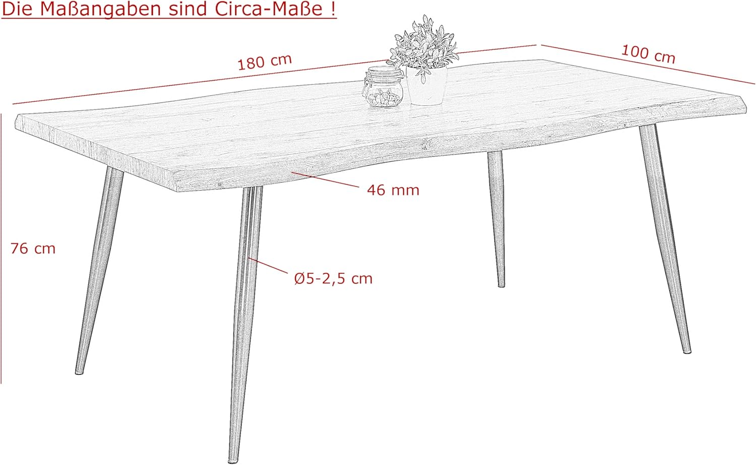 Hela Tische, Esstisch Gabi, Tischplatte 46mm mit Baumkantenoptik Grau, Metallgestell Schwarz, 180x100cm