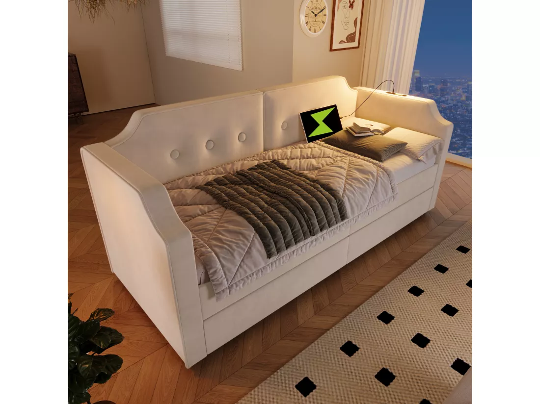 Canapé-lit rembourré 90x200 cm, avec liseuse USB Type-C, avec 2 tiroirs de rangement, beige (sans matelas).